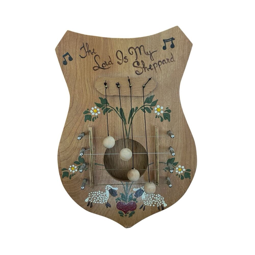 Vintage Wood 4 String Sheep Door Chime Harp Folk Art Hand Painted The Lord Is ..